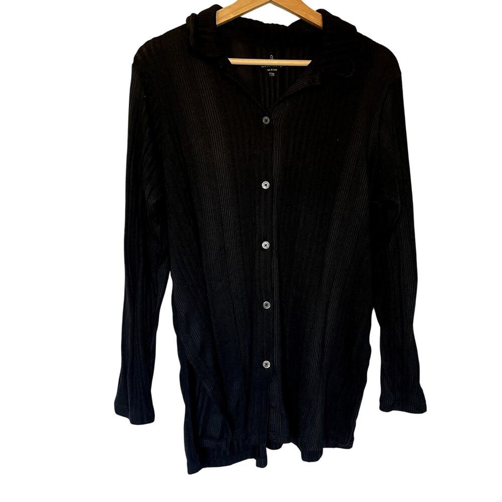 CuddlDuds black knit ribbed button down long sleeved shirt extra long women's TM